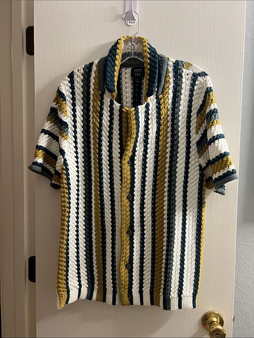 Reiss Striped Short-Sleeve Button-Down in White, Mustard & Dark Green